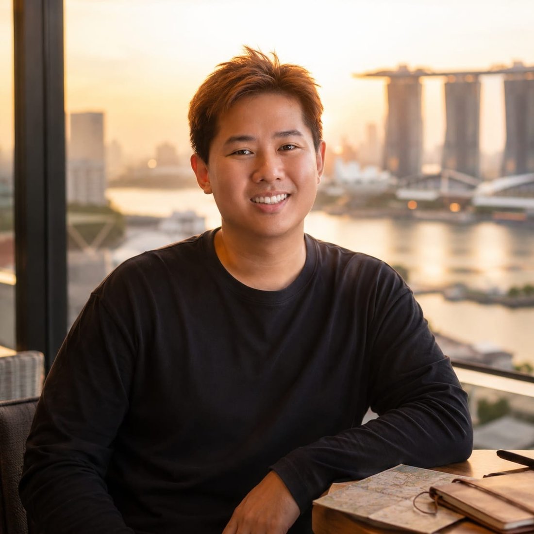 Kev, your Singapore trip planner, with the city skyline behind